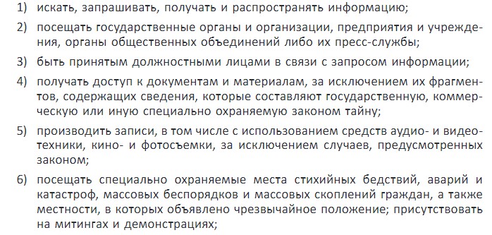 Основные права журналиста пункты 1-6