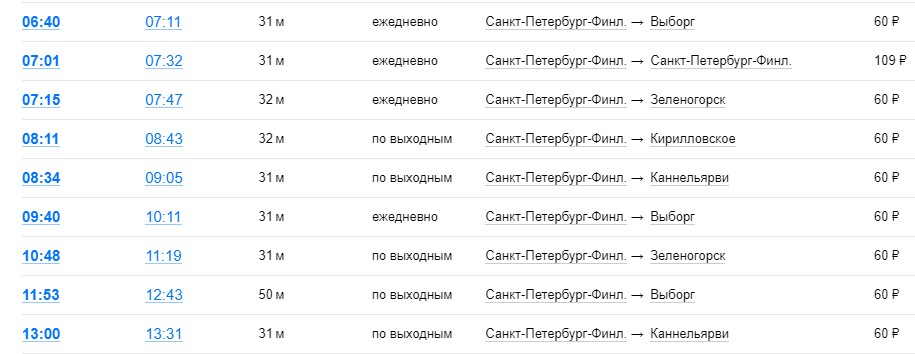 Расписание поездов 6:40-13:00